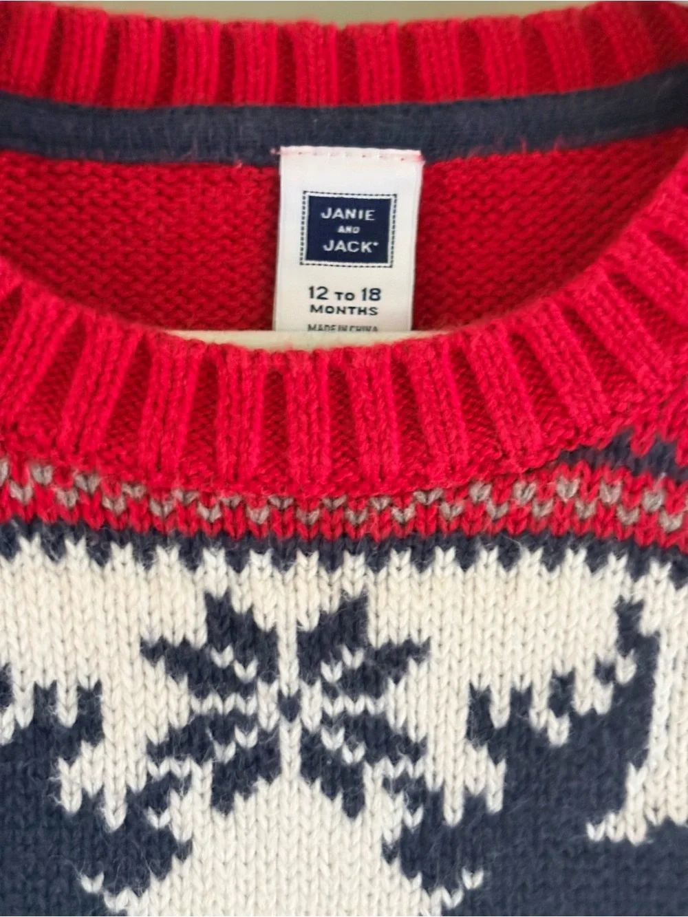 JANIE & JACK Boy’s Red Cream & Blue Cotton Moose Sweater | Size 12-18 months
